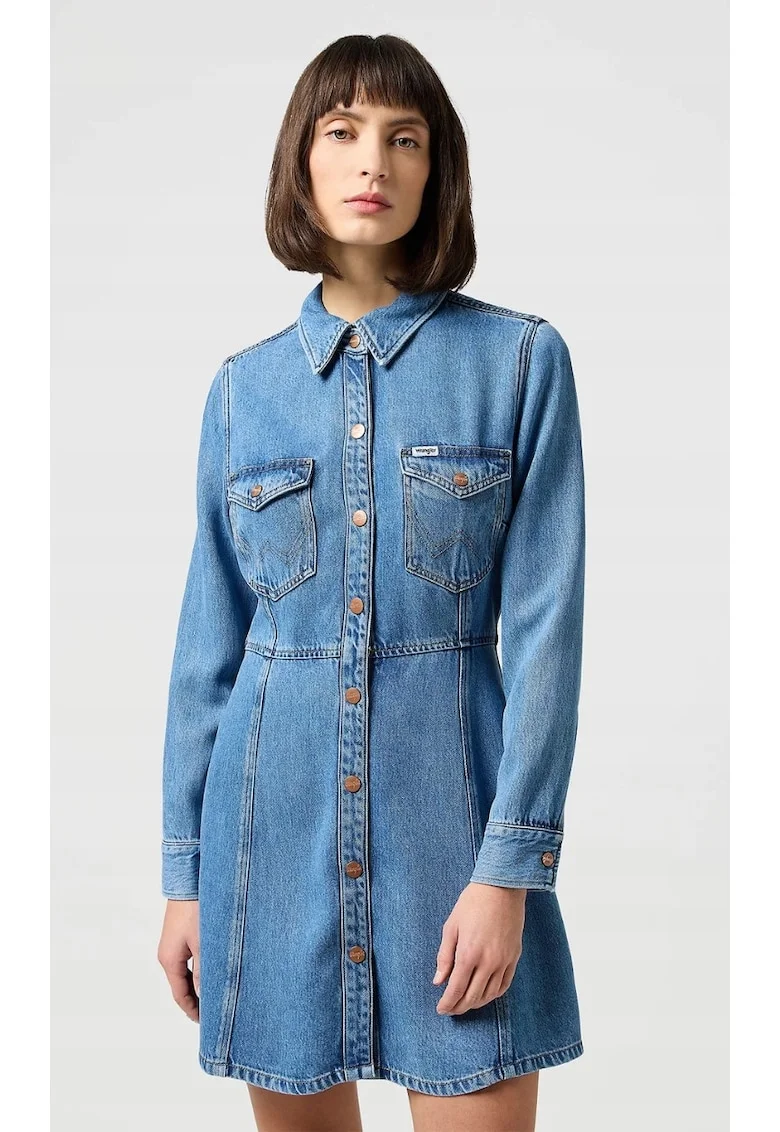 Rochie tip camasa  denim/lyocell, croiala mulata-evazata, albastru deschis,