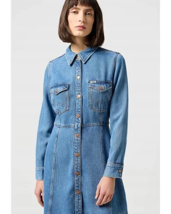 Rochie tip camasa  denim/lyocell, croiala mulata-evazata, albastru deschis,