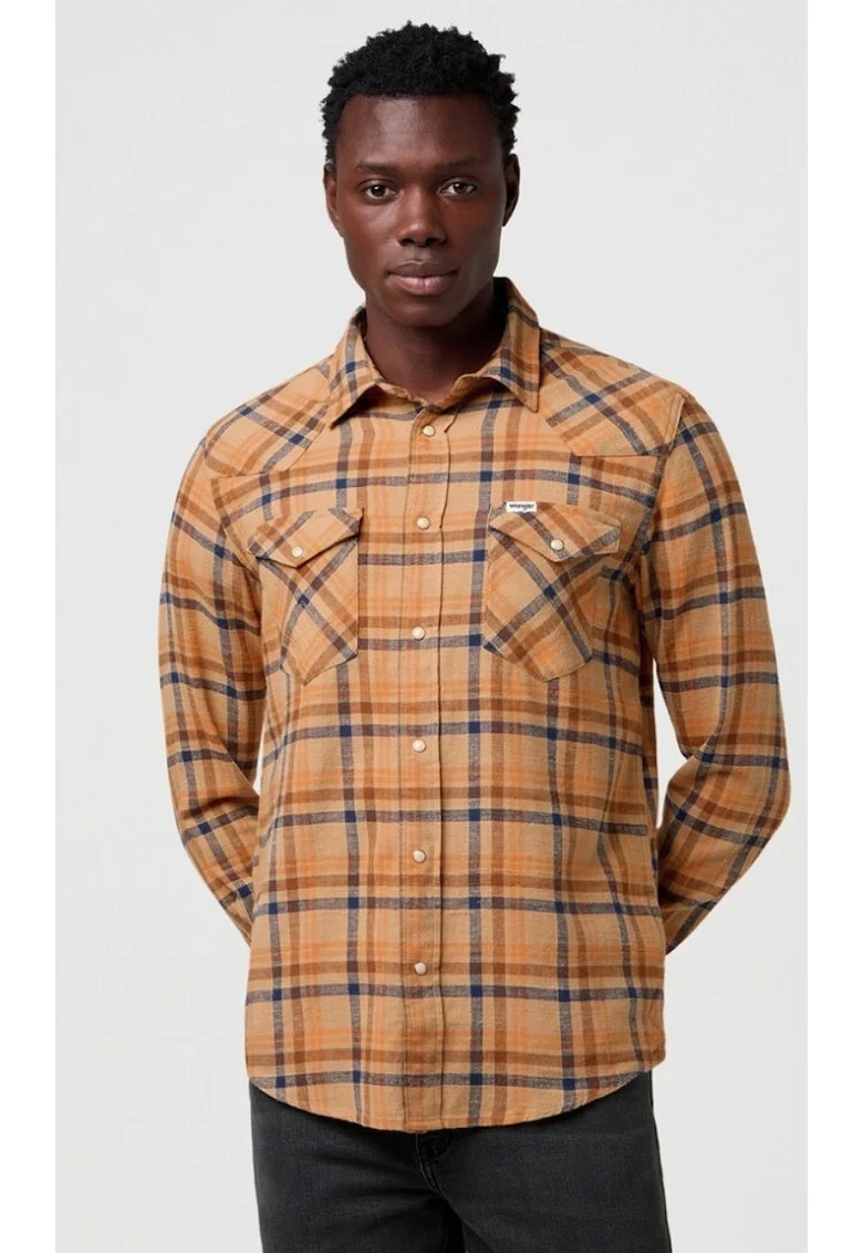 Camasa barbati,  model Western, bumbac, maro, albastru, maneca scurta, regular fit