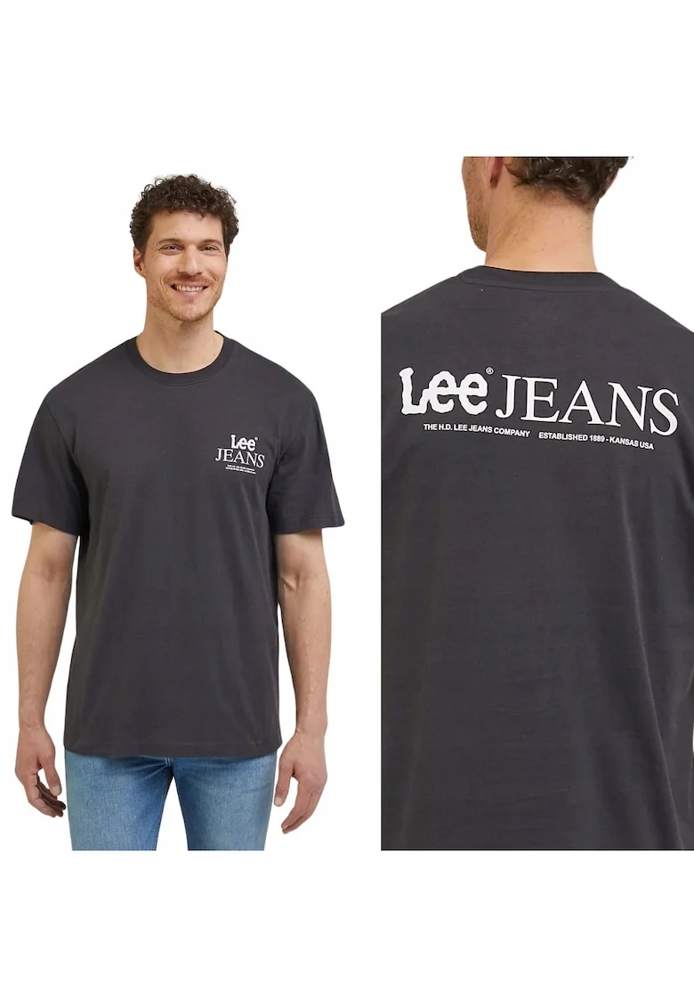Tricou barbati,  cu logo, croiala lejera, negru spalat, bumbac,