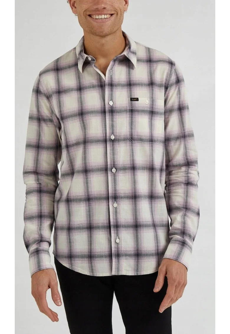 Camasa  Leesure Regular Fit, carouri alb, mov si gri, 100% bumbac, set cu detalii de logo,