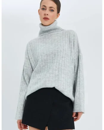 Pulover dama,  guler inalt, oversize, gri, tricot,
