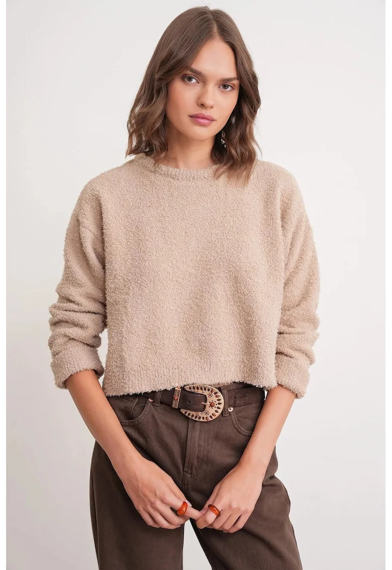 Pulover tricotat scurt,  bej natural, tricot,