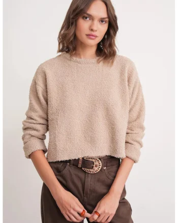 Pulover tricotat scurt,  bej natural, tricot,