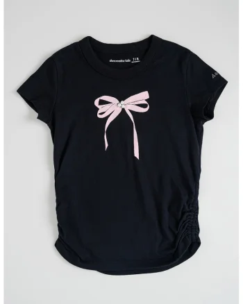 Tricou cu imprimeu si insertie elastica laterala, Negru/Roz