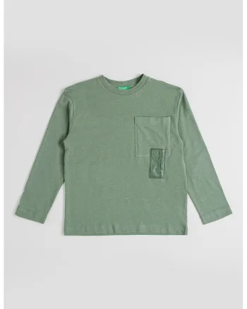 Bluza din bumbac cu decolteu rotund si buzunar pe piept, Verde