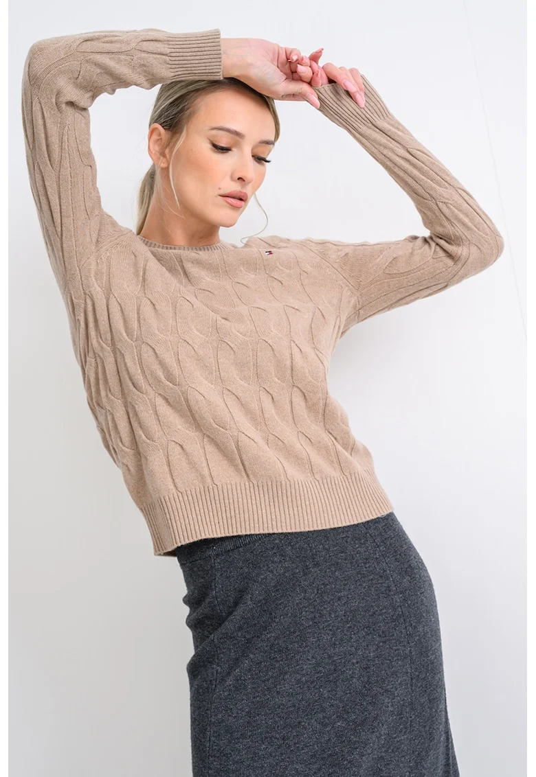 Pulover din lana cu guler rotund si model torsade, Maro nisip