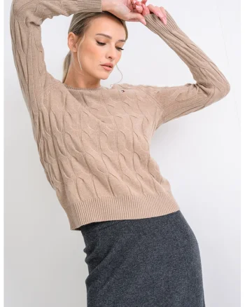 Pulover din lana cu guler rotund si model torsade, Maro nisip