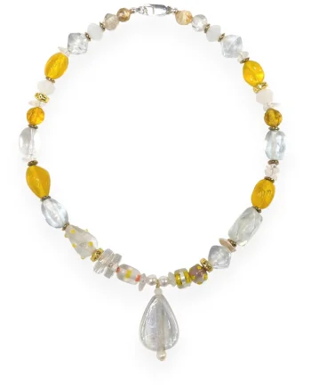 Colier  unicat, margele de India, hematite aurii, perle de cultura, galben
