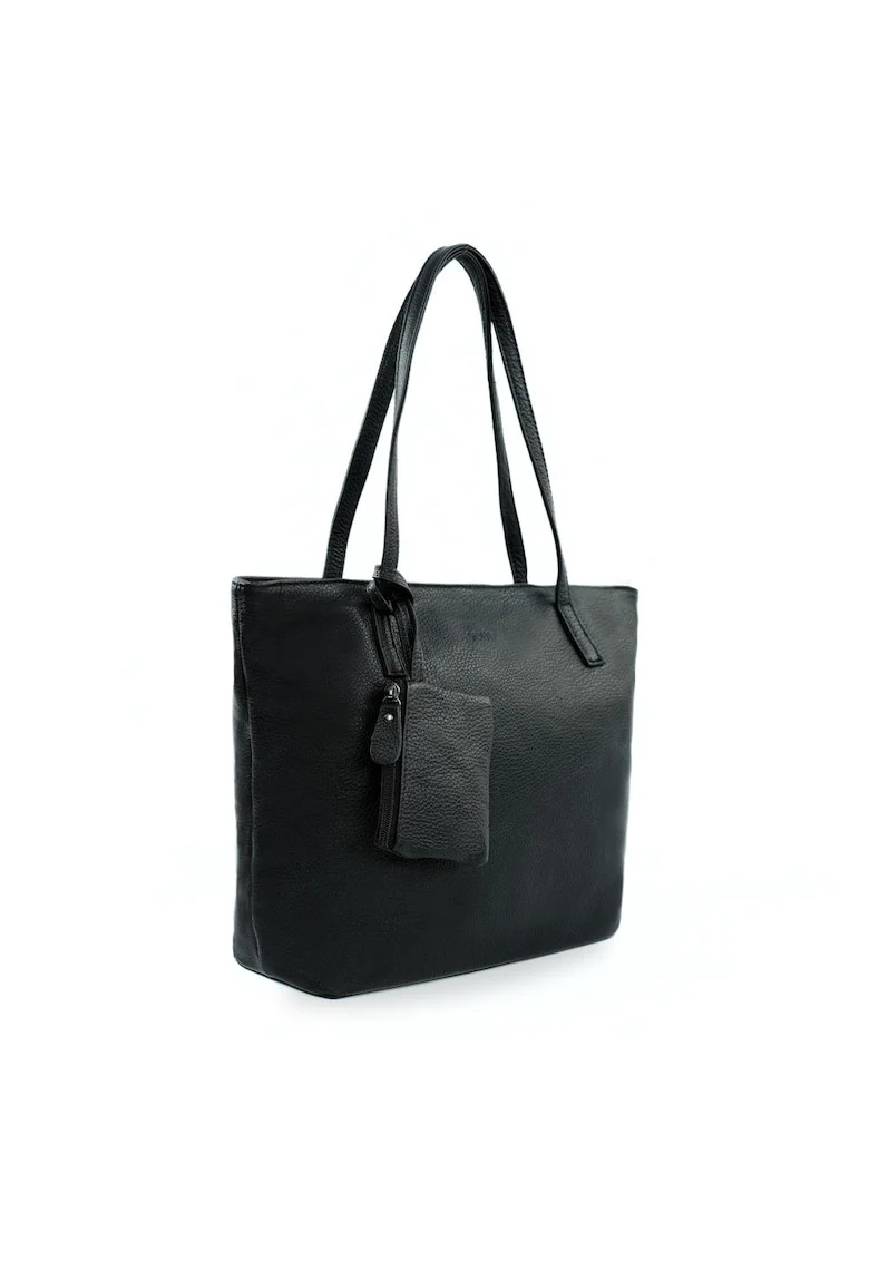 Geanta dama shopper piele naturala  FL34 Rillia, neagra, mare, cu portofel detasabil, A4, de umar, ideala pentru birou, scoala si zilnic
