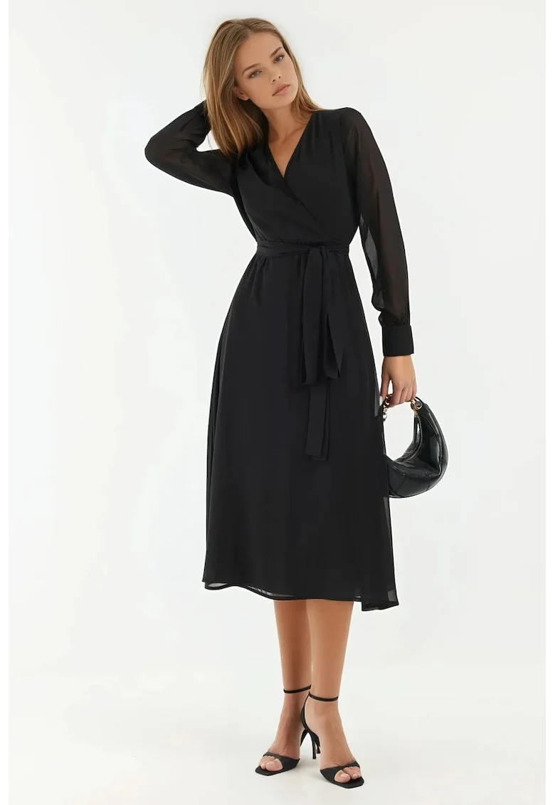 Rochie midi  A-line, cu nasturi, Negru