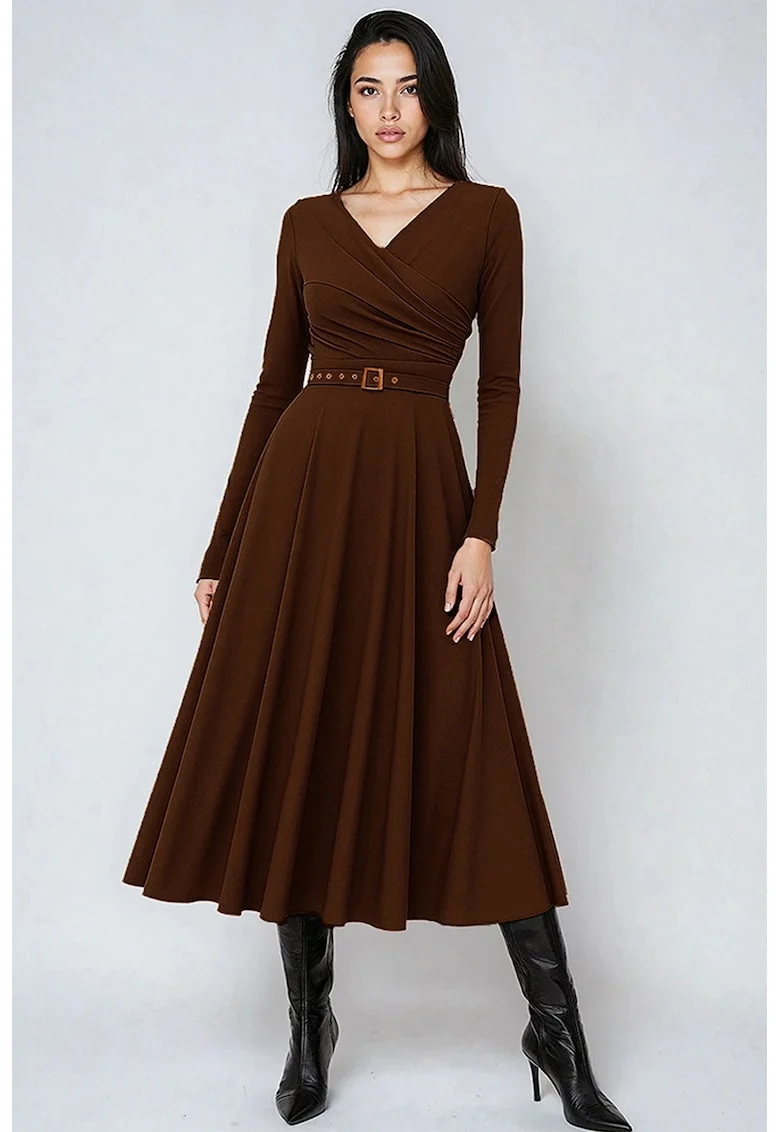 Rochie midi din amestec de lyocell cu croiala evazata si curea in talie, Maro inchis