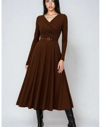 Rochie midi din amestec de lyocell cu croiala evazata si curea in talie, Maro inchis