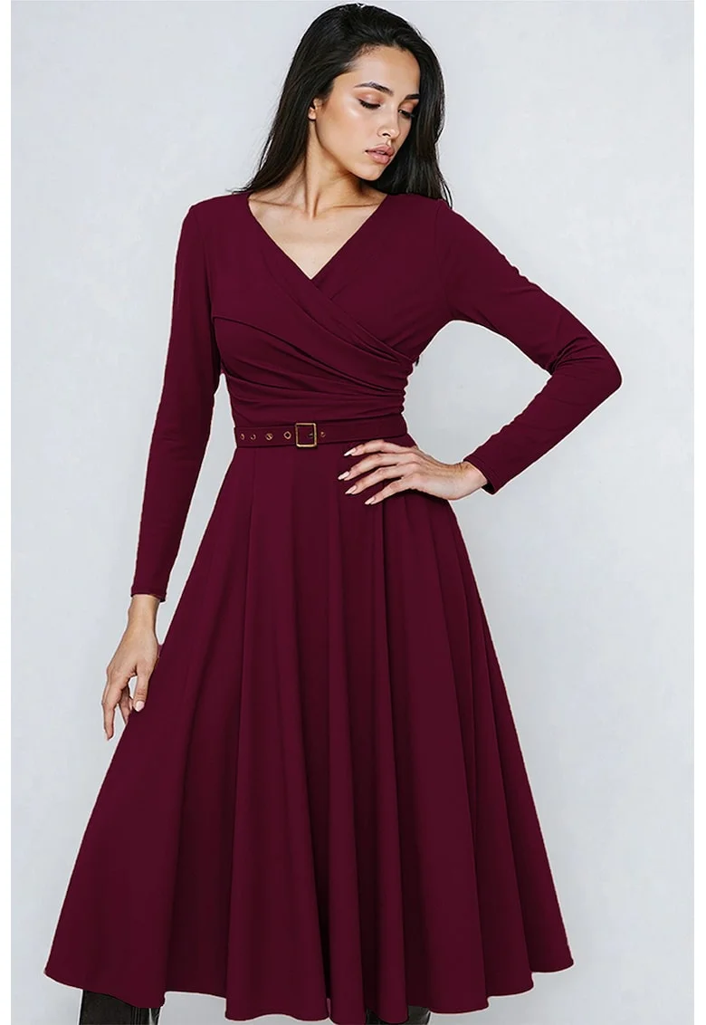 Rochie midi din amestec de lyocell cu croiala evazata si curea in talie, Visiniu
