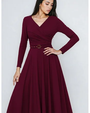 Rochie midi din amestec de lyocell cu croiala evazata si curea in talie, Visiniu