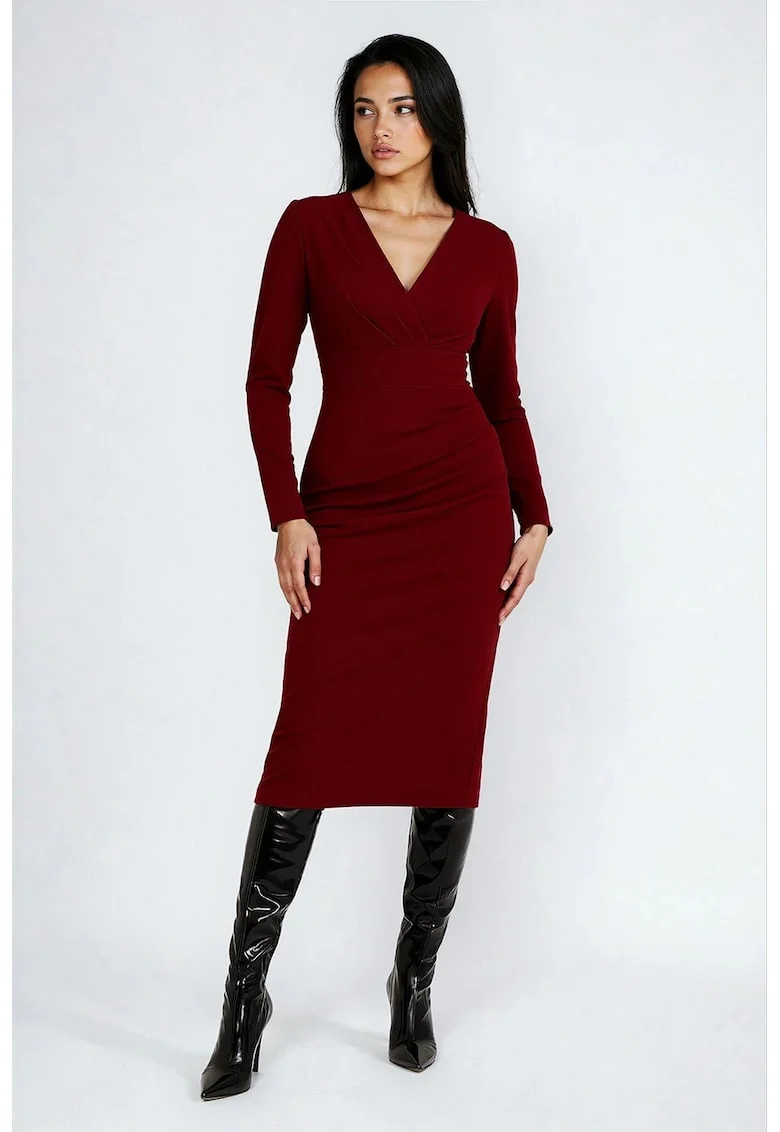 Rochie midi cu decolteu in V, Visiniu
