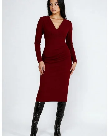 Rochie midi cu decolteu in V, Visiniu