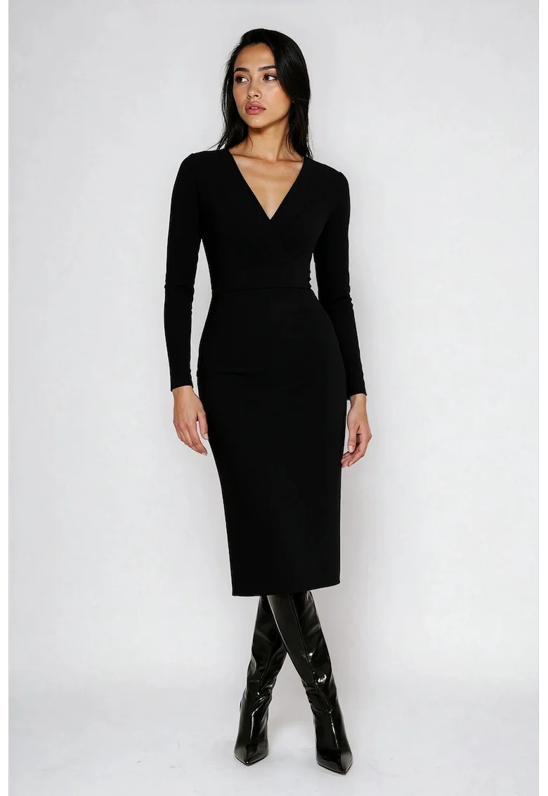Rochie midi cu decolteu in V, Negru