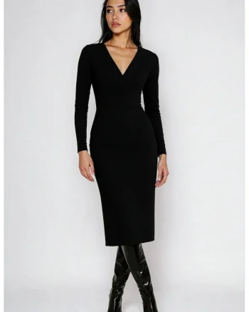 Rochie midi cu decolteu in V, Negru