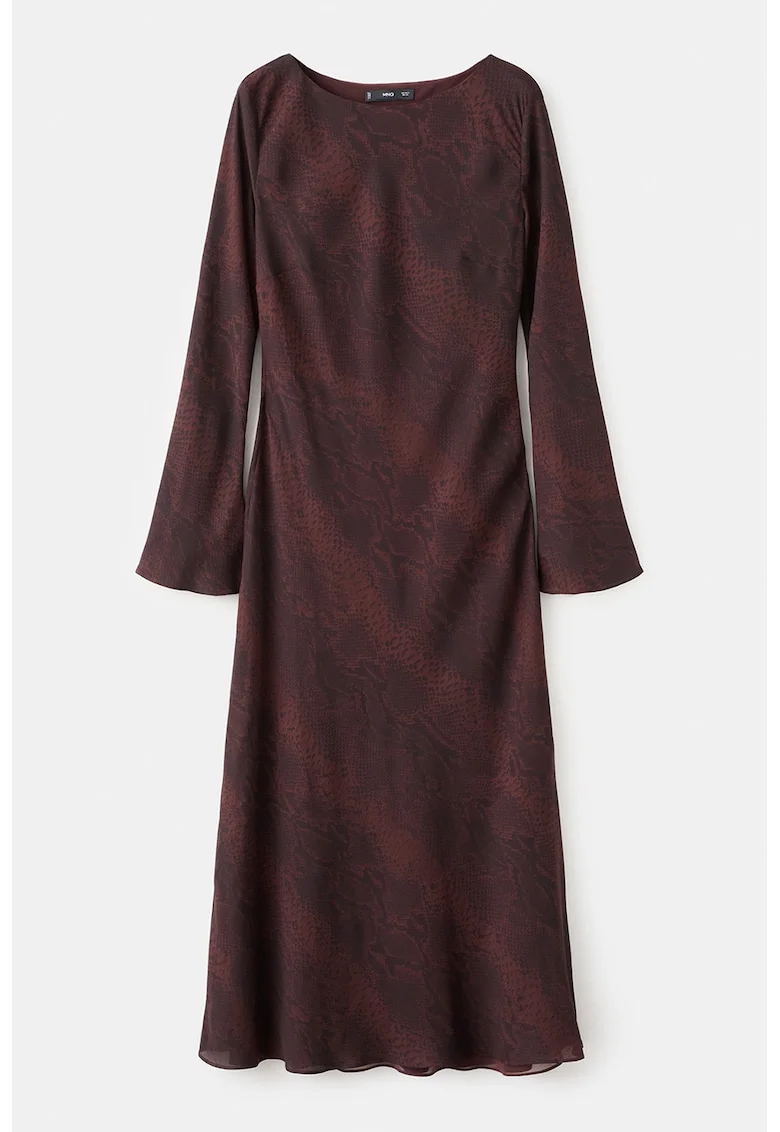 Rochie cu maneci lungi si imprimeu sarpe, Maro cognac/Negru stins
