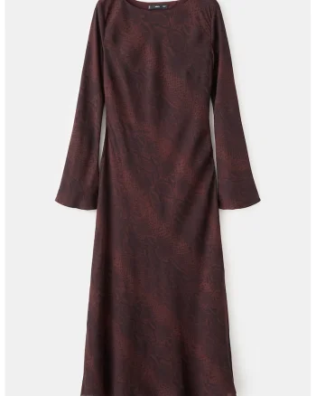 Rochie cu maneci lungi si imprimeu sarpe, Maro cognac/Negru stins