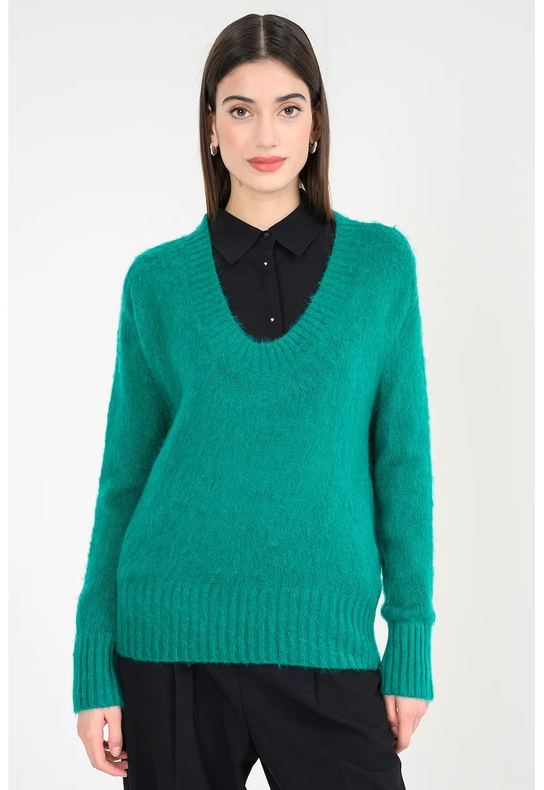Pulover din amestec de mohair cu decolteu amplu, Verde aquamarin