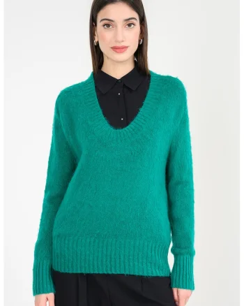 Pulover din amestec de mohair cu decolteu amplu, Verde aquamarin