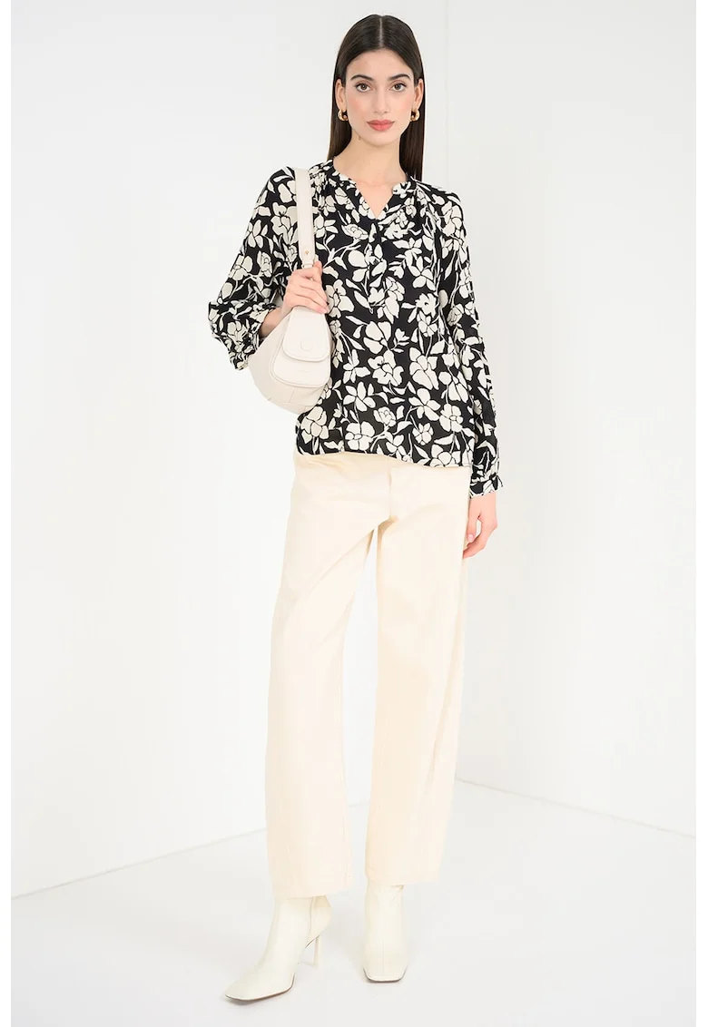 Bluza cu model floral si decolteu in V, Alb fildes/Negru