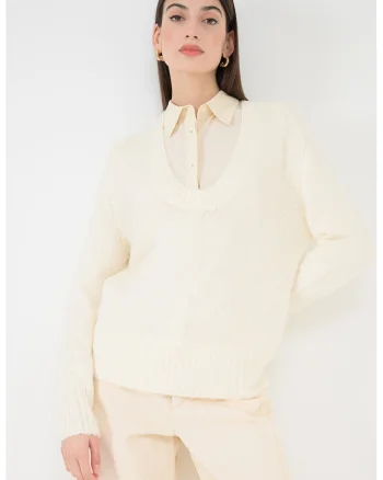 Pulover din amestec de mohair cu decolteu amplu, Alb fildes