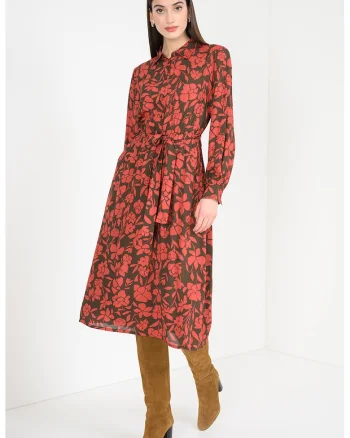 Rochie cu guler clasic si model floral, Rosu inchis/Negru stins