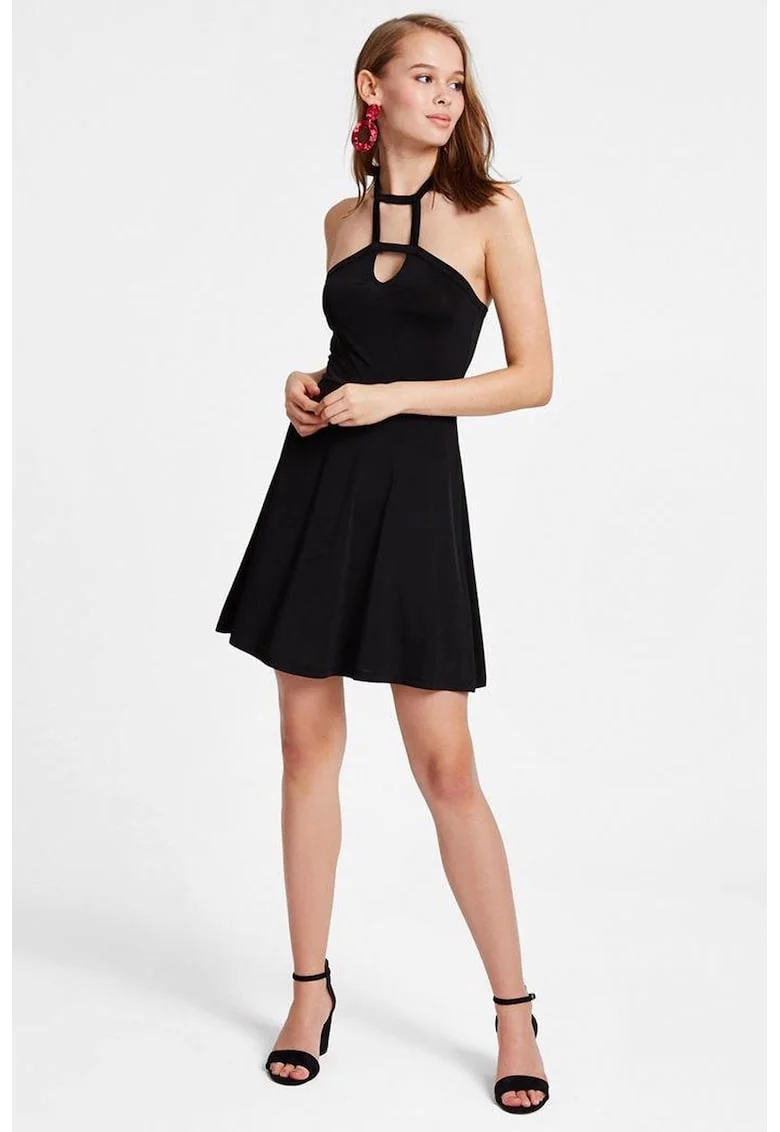 Rochie mini evazata cu model halter, Negru
