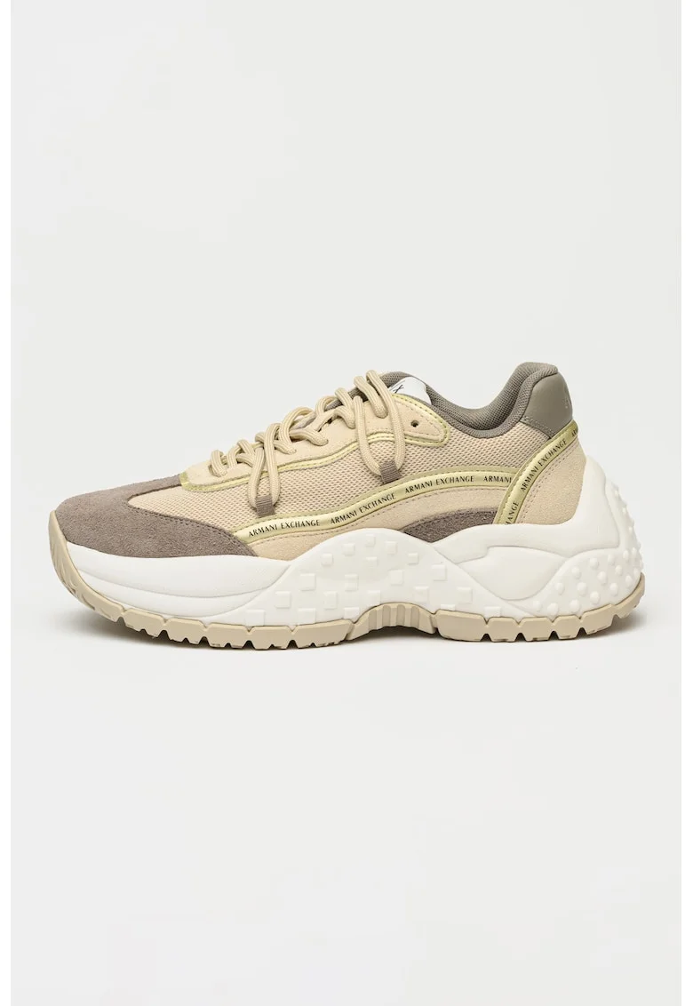 Pantofi sport cu garnituri de piele intoarsa, Maro deschis/Maro taupe deschis