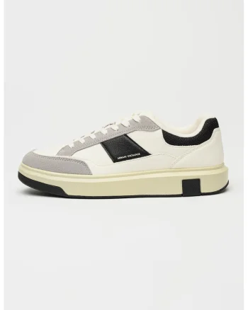 Pantofi sport low-cut cu garnituri de piele intoarsa, Alb/Negru/Gri deschis