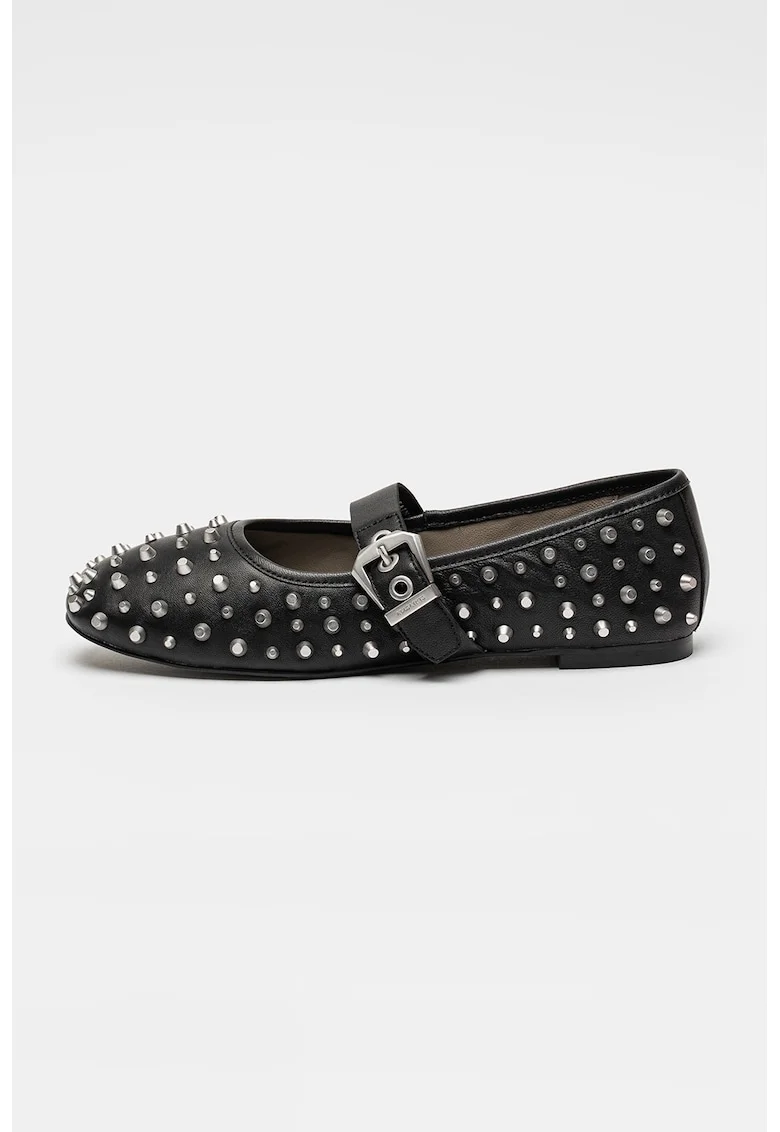Balerini Mary Jane de piele cu tinte Holly, Negru/Argintiu