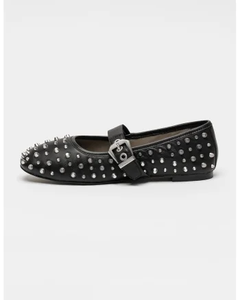 Balerini Mary Jane de piele cu tinte Holly, Negru/Argintiu