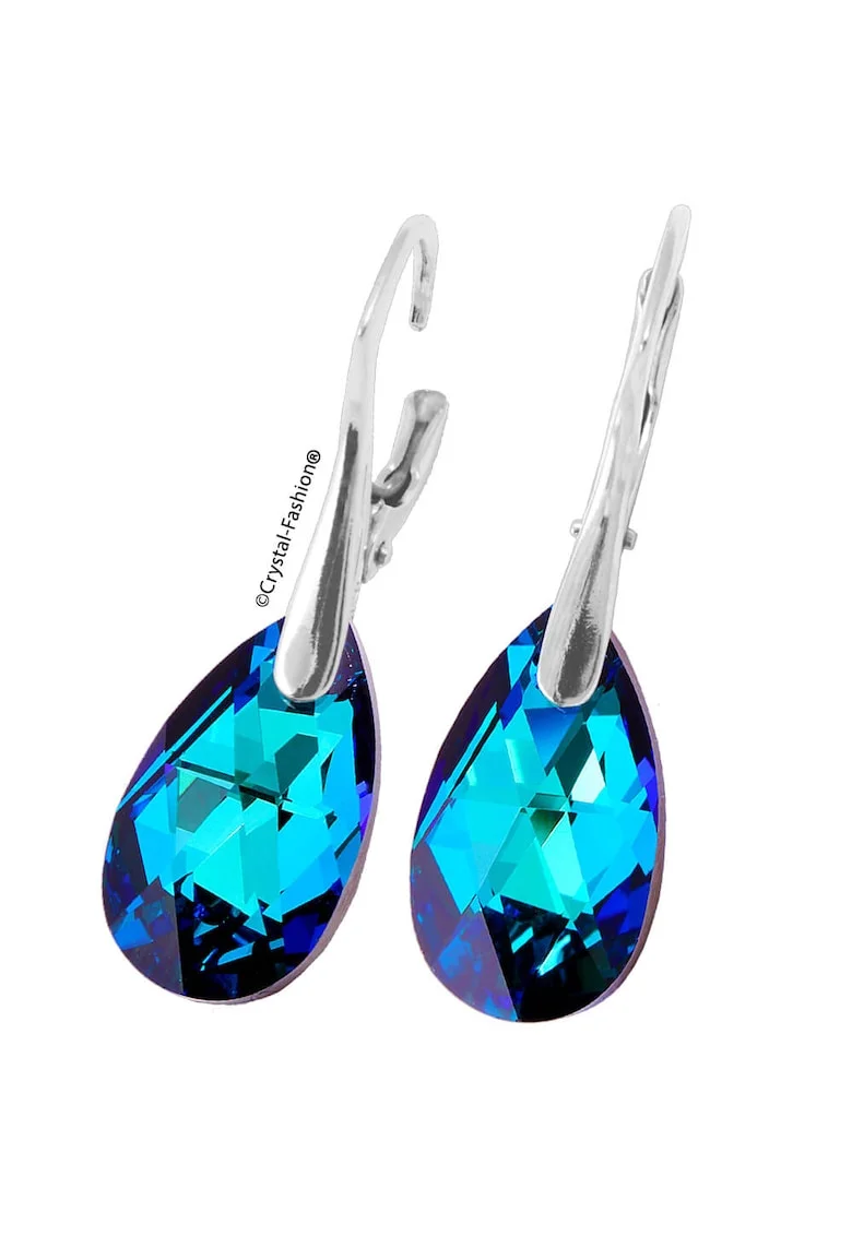 Cercei Argint 925 cu cristale Swarovski® Pear 16mm Leverback Bermuda Blue