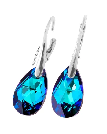 Cercei Argint 925 cu cristale Swarovski® Pear 16mm Leverback Bermuda Blue