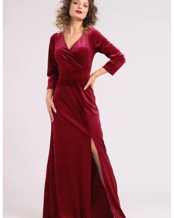 Rochie lunga din catifea cu slit lateral, Visiniu