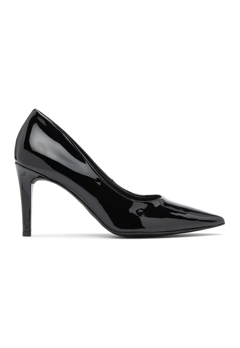 Pantofi de piele ecologica lacuita cu varf ascutit, Negru
