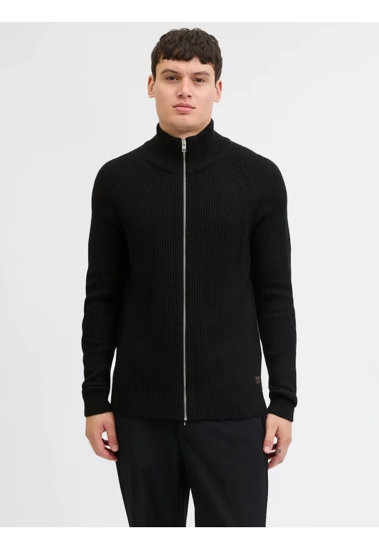 Cardigan barbati cu fermoar si guler inalt, Regular fit, Negru, Negru