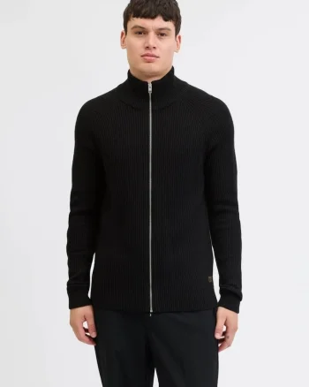 Cardigan barbati cu fermoar si guler inalt, Regular fit, Negru, Negru