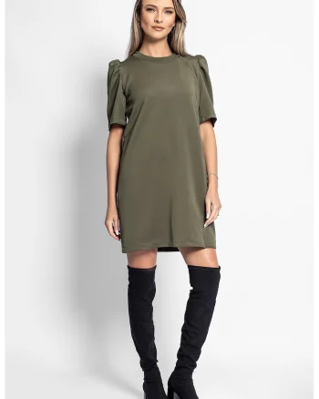 Rochie cu croiala dreapta si maneci bufante, Kaki