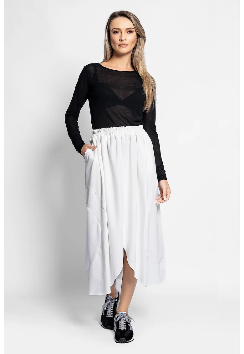 Fusta midi asimetrica cu talie elastica, Alb optic