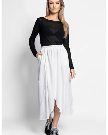 Fusta midi asimetrica cu talie elastica, Alb optic