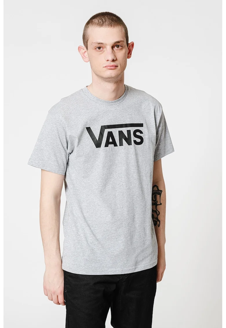 Tricou cu decolteu la baza gatului si imprimeu logo Classic, Gri
