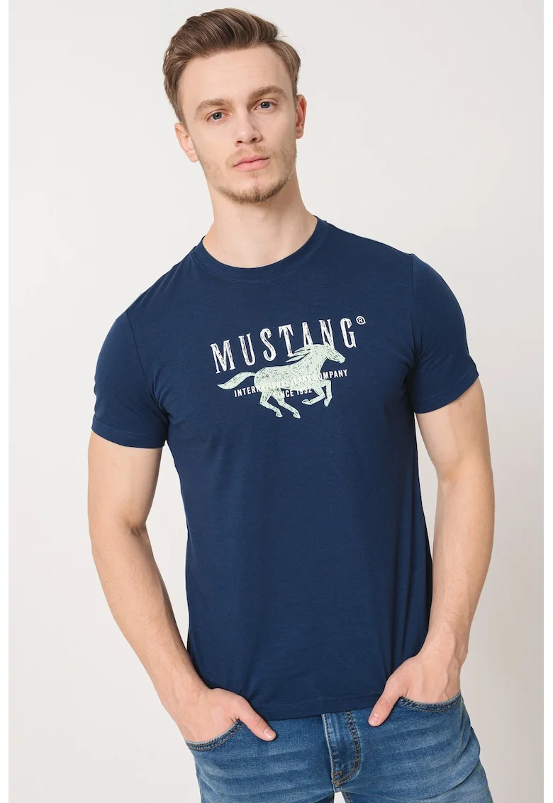 Tricou de bumbac cu imprimeu logo, Bleumarin/Verde menta