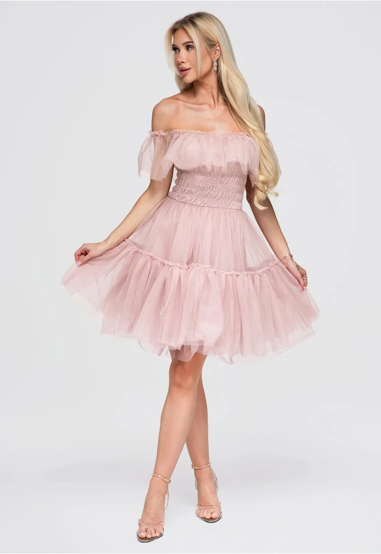 Rochie eleganta, din tul roz, cu umeri goi si volane delicate, Roz lucios