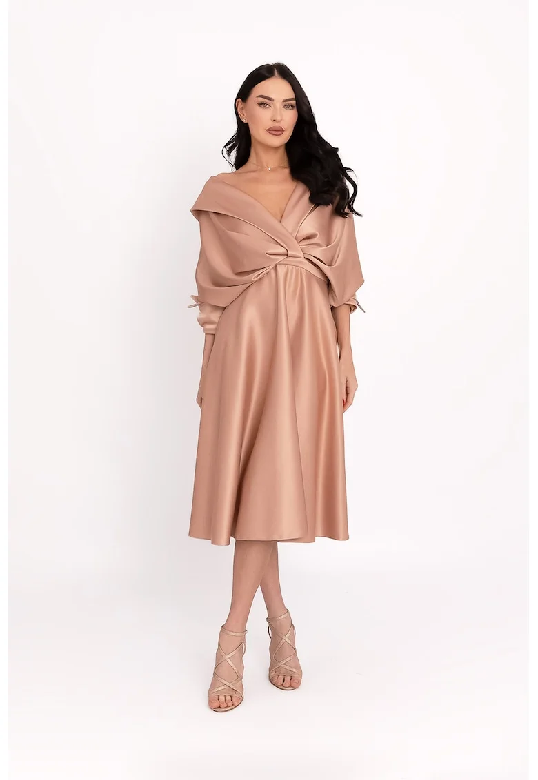 Rochie midi evazata de satin, Bej