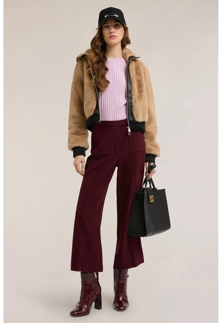 Pantaloni crop evazati din amestec de lana, Rosu inchis