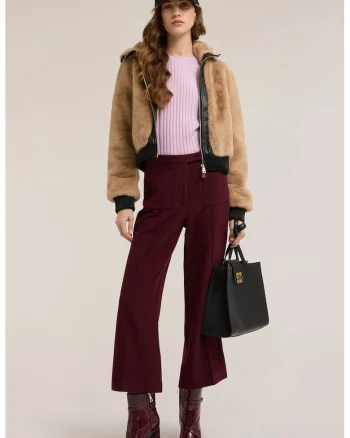 Pantaloni crop evazati din amestec de lana, Rosu inchis